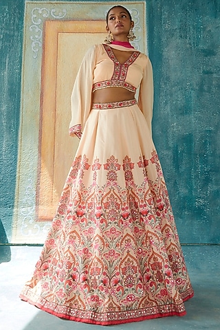Beige Viscose Tussar Printed Lehenga Set by Basil Leaf