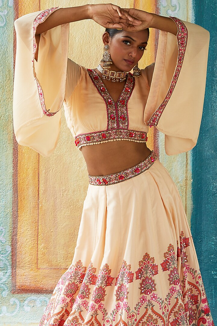 Beige Viscose Tussar Printed Wedding Lehenga Set by Basil Leaf at Pernia's Pop Up Shop