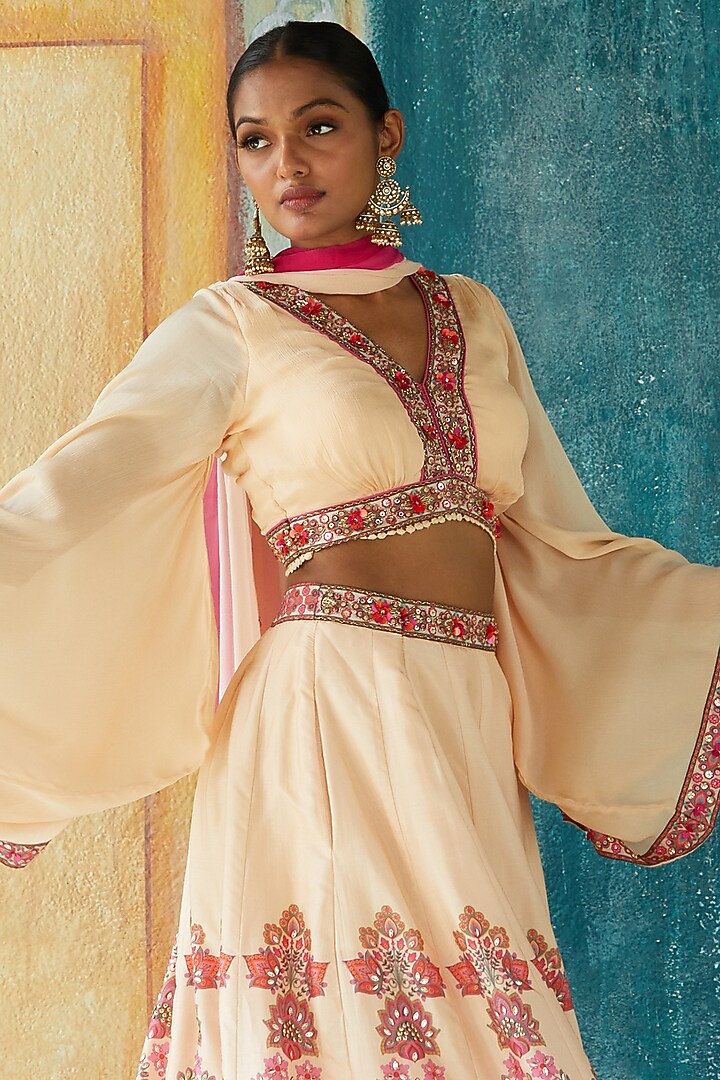 Beige Viscose Tussar Printed Wedding Lehenga Set by Basil Leaf at Pernia's Pop Up Shop