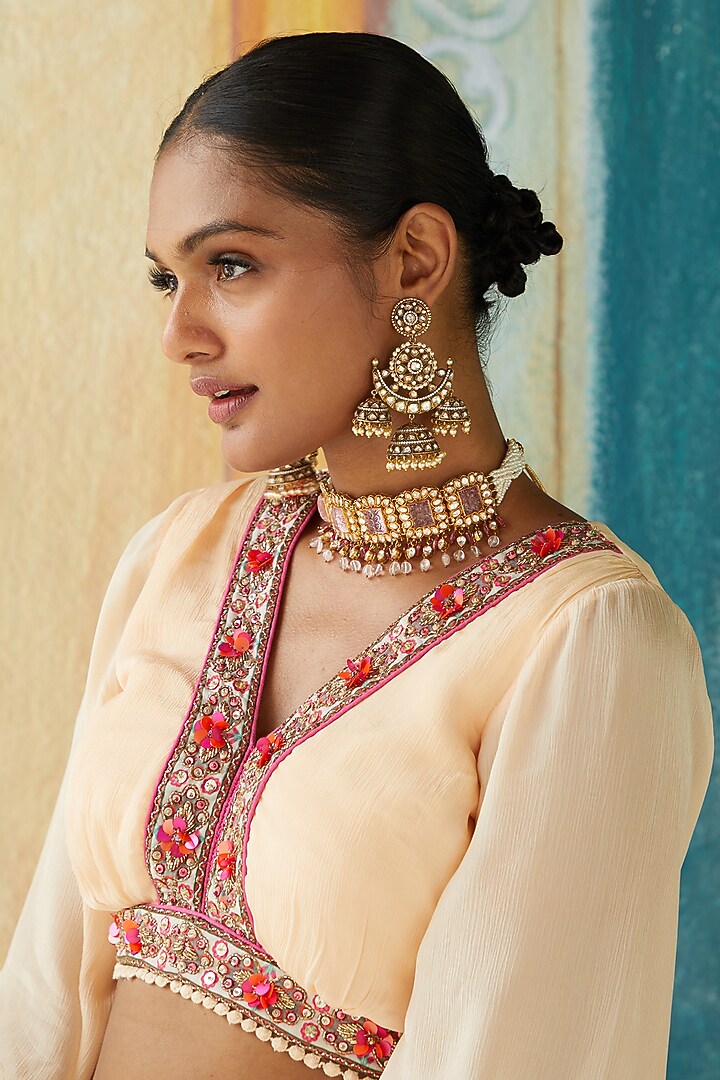 Beige Viscose Tussar Printed Wedding Lehenga Set by Basil Leaf at Pernia's Pop Up Shop