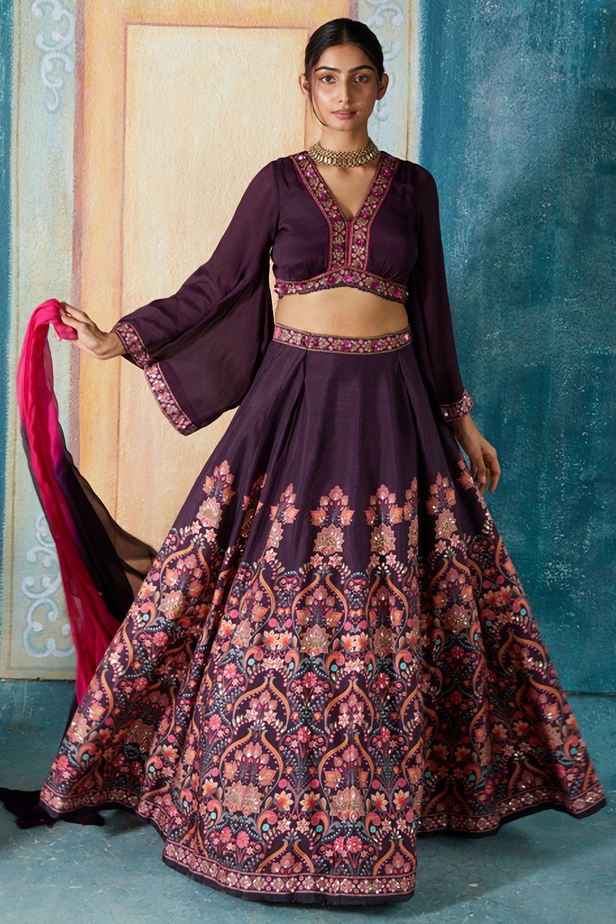 Wine Viscose Tussar Printed Wedding Lehenga Set by Basil Leaf at Pernia's Pop Up Shop