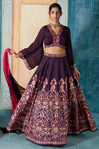 Wine Viscose Tussar Printed Lehenga Set by Basil Leaf