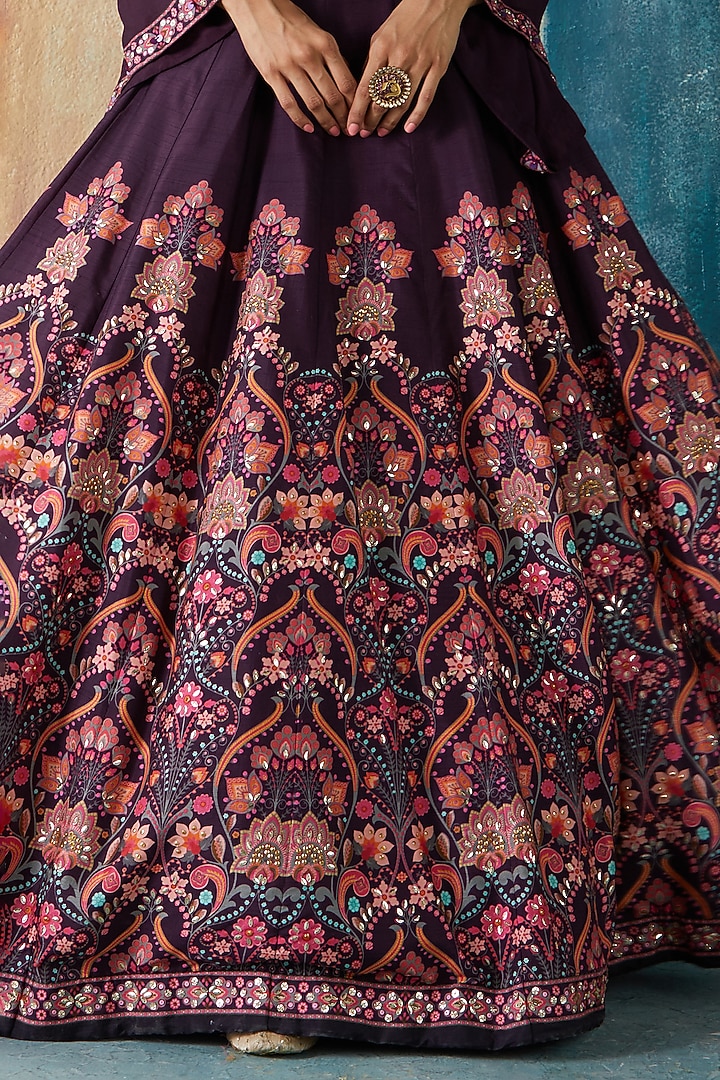 Wine Viscose Tussar Printed Wedding Lehenga Set by Basil Leaf at Pernia's Pop Up Shop