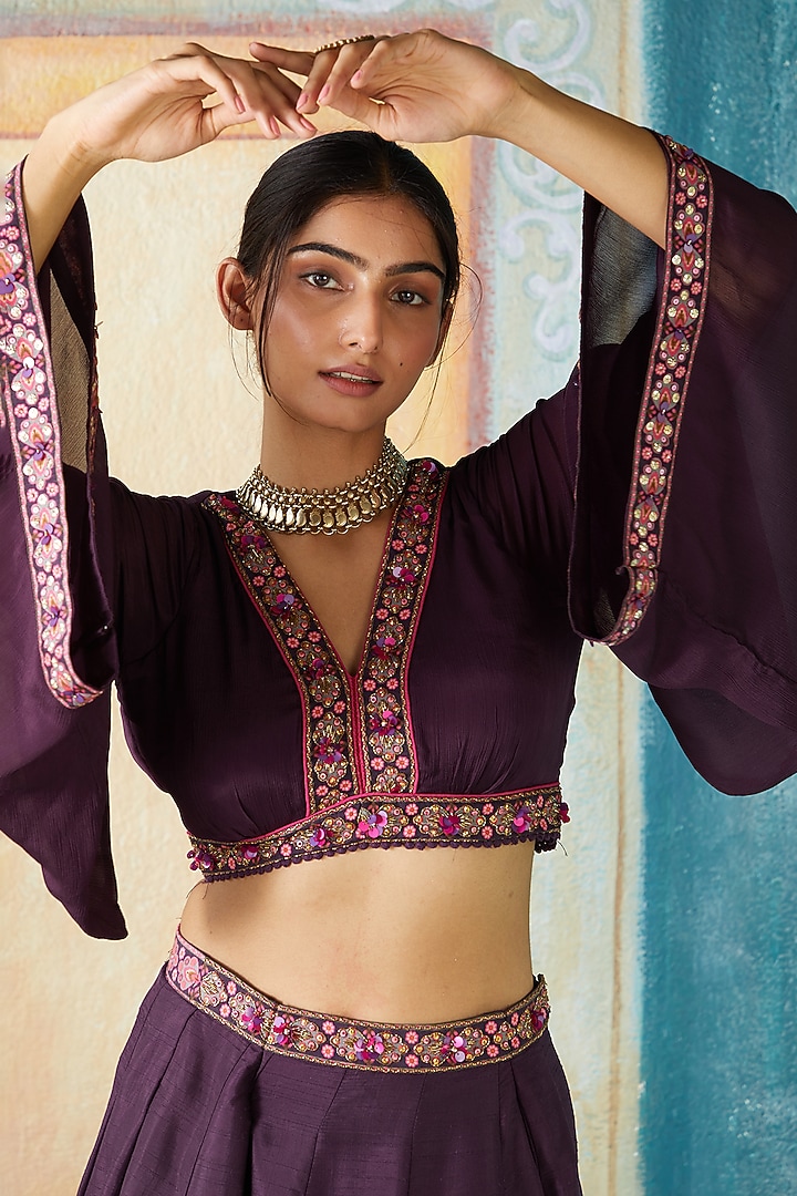 Wine Viscose Tussar Printed Wedding Lehenga Set by Basil Leaf at Pernia's Pop Up Shop