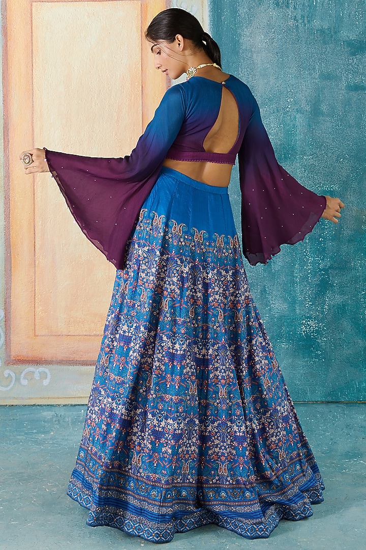 Blue Viscose Tussar Printed Wedding Lehenga Set by Basil Leaf at Pernia's Pop Up Shop