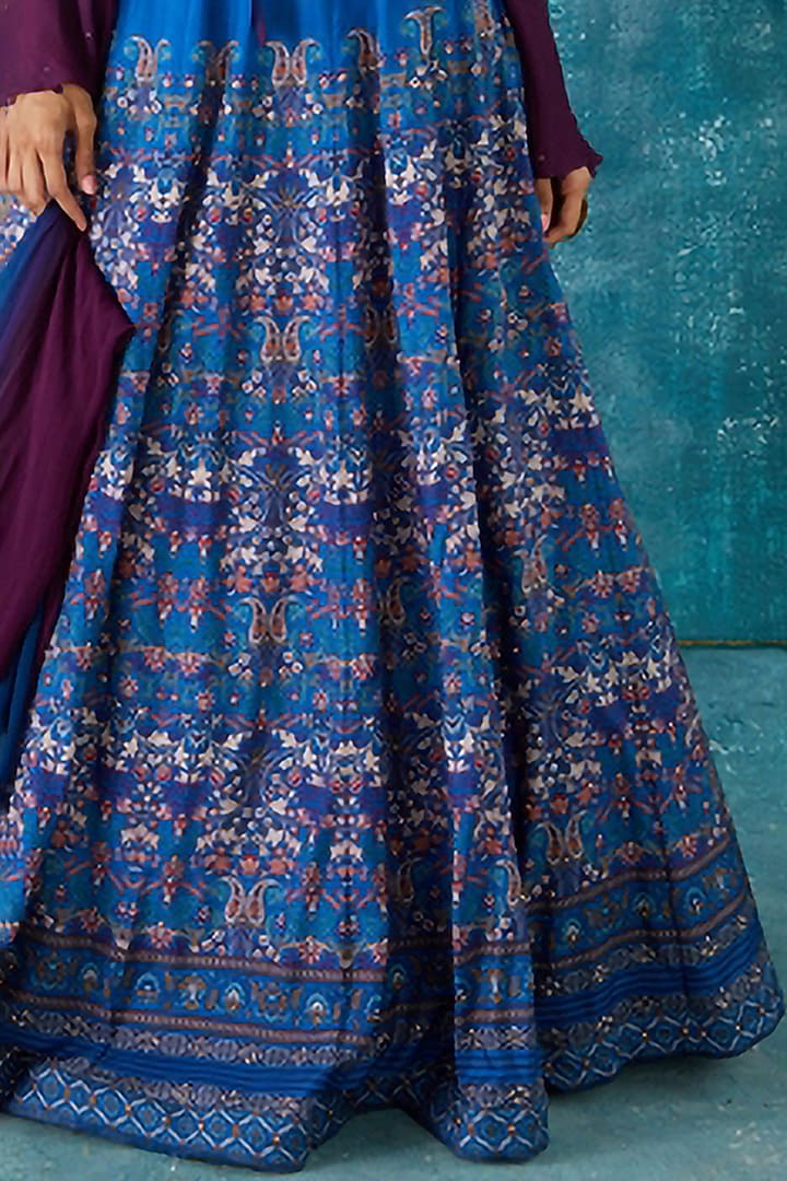 Blue Viscose Tussar Printed Wedding Lehenga Set by Basil Leaf at Pernia's Pop Up Shop