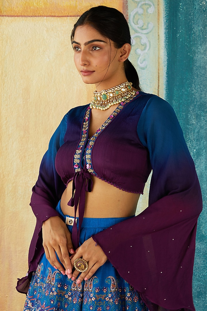 Blue Viscose Tussar Printed Wedding Lehenga Set by Basil Leaf at Pernia's Pop Up Shop