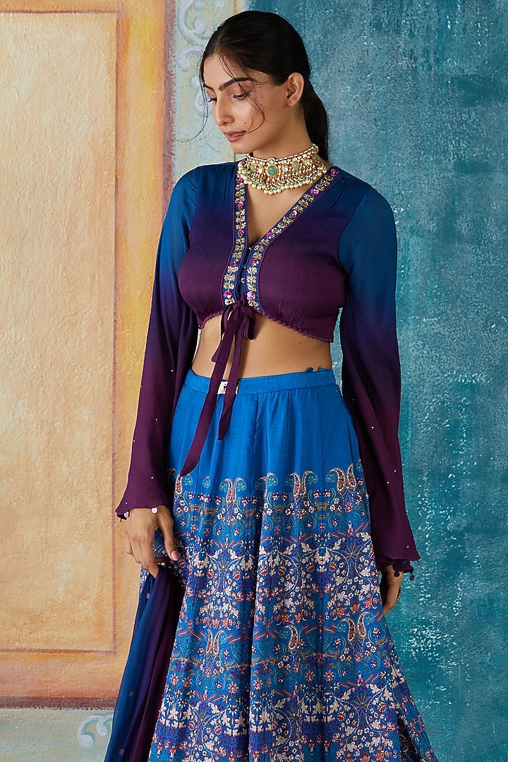 Blue Viscose Tussar Printed Wedding Lehenga Set by Basil Leaf at Pernia's Pop Up Shop