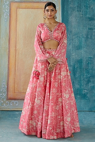 Pink Viscose Tussar Printed Lehenga Set by Basil Leaf