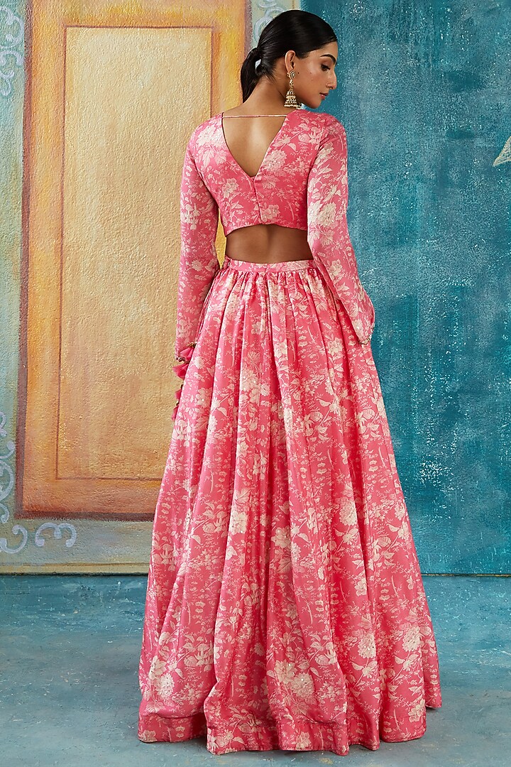 Pink Viscose Tussar Printed Wedding Lehenga Set by Basil Leaf at Pernia's Pop Up Shop