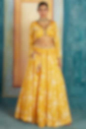 Yellow Viscose Tussar Printed Wedding Lehenga Set by Basil Leaf at Pernia's Pop Up Shop