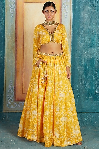 Yellow Viscose Tussar Printed Lehenga Set by Basil Leaf