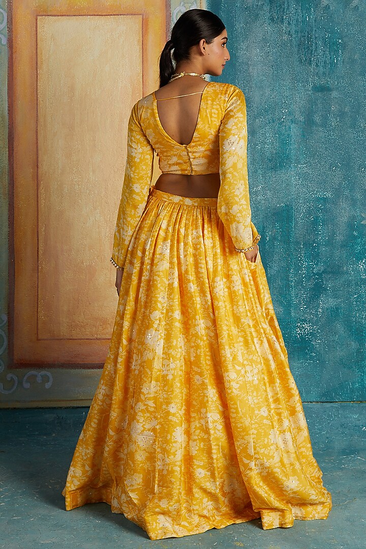 Yellow Viscose Tussar Printed Wedding Lehenga Set by Basil Leaf at Pernia's Pop Up Shop