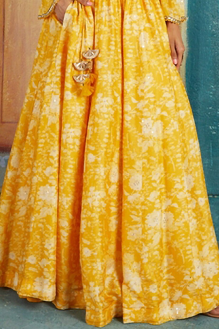 Yellow Viscose Tussar Printed Wedding Lehenga Set by Basil Leaf at Pernia's Pop Up Shop