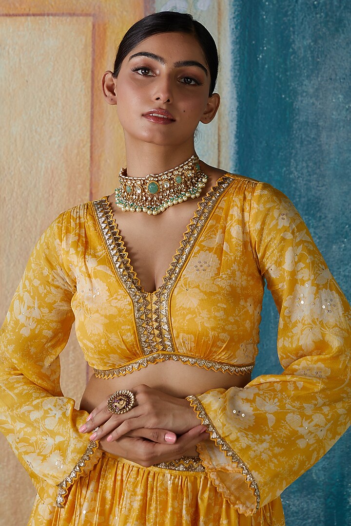 Yellow Viscose Tussar Printed Wedding Lehenga Set by Basil Leaf at Pernia's Pop Up Shop