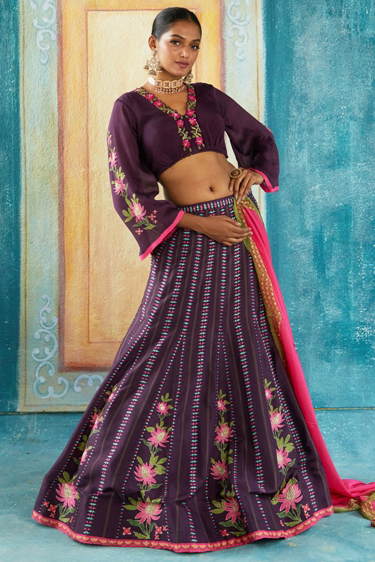 Wine Viscose Tussar Printed Wedding Lehenga Set by Basil Leaf at Pernia's Pop Up Shop