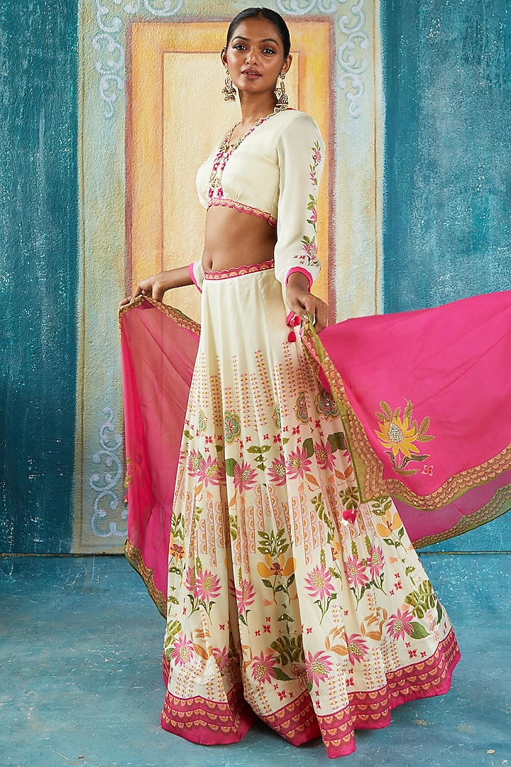 Beige Bemberg Satin Printed & Embroidered Wedding Lehenga Set by Basil Leaf at Pernia's Pop Up Shop