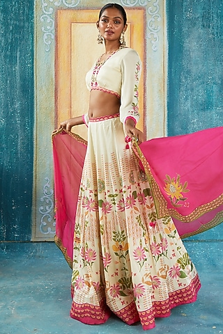 Beige Bemberg Satin Printed & Embroidered Lehenga Set by Basil Leaf