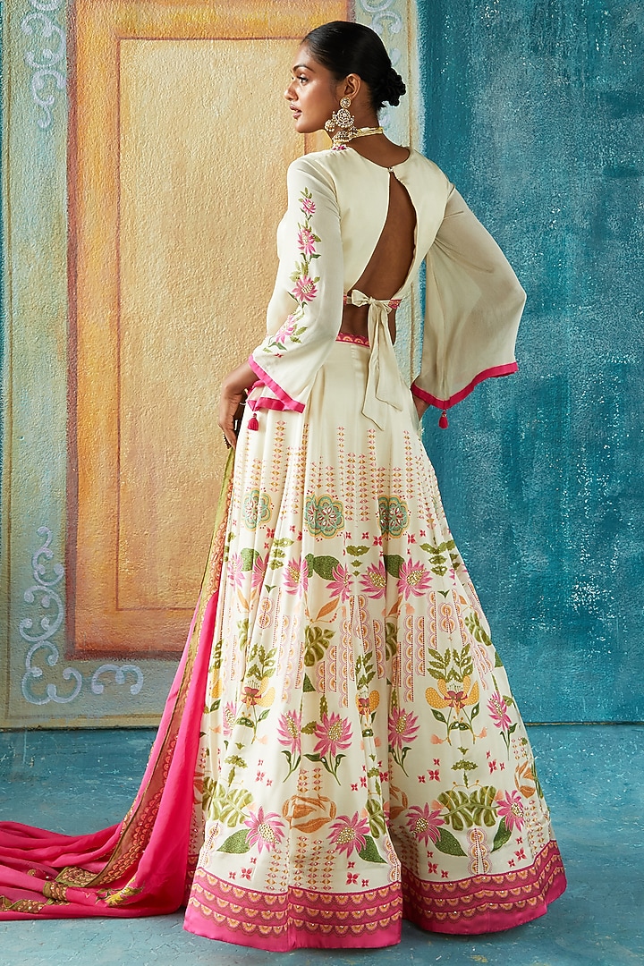 Beige Bemberg Satin Printed & Embroidered Wedding Lehenga Set by Basil Leaf at Pernia's Pop Up Shop