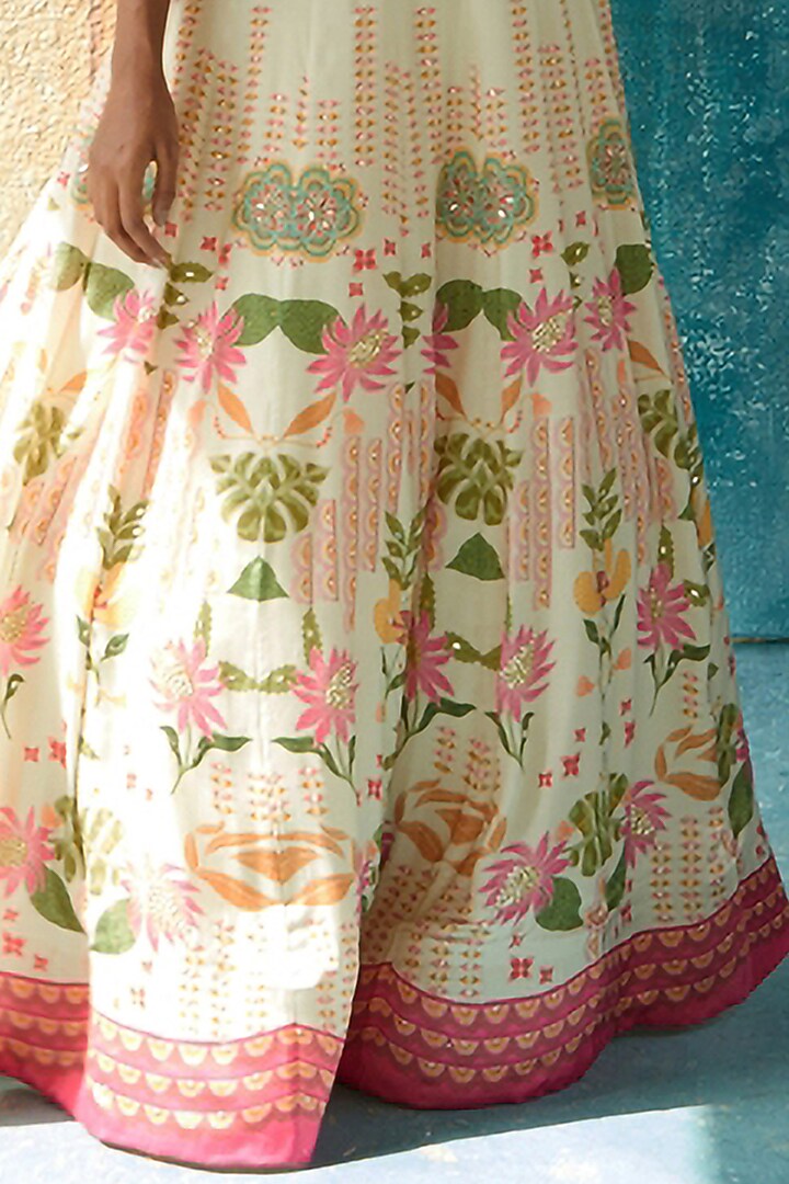 Beige Bemberg Satin Printed & Embroidered Wedding Lehenga Set by Basil Leaf at Pernia's Pop Up Shop