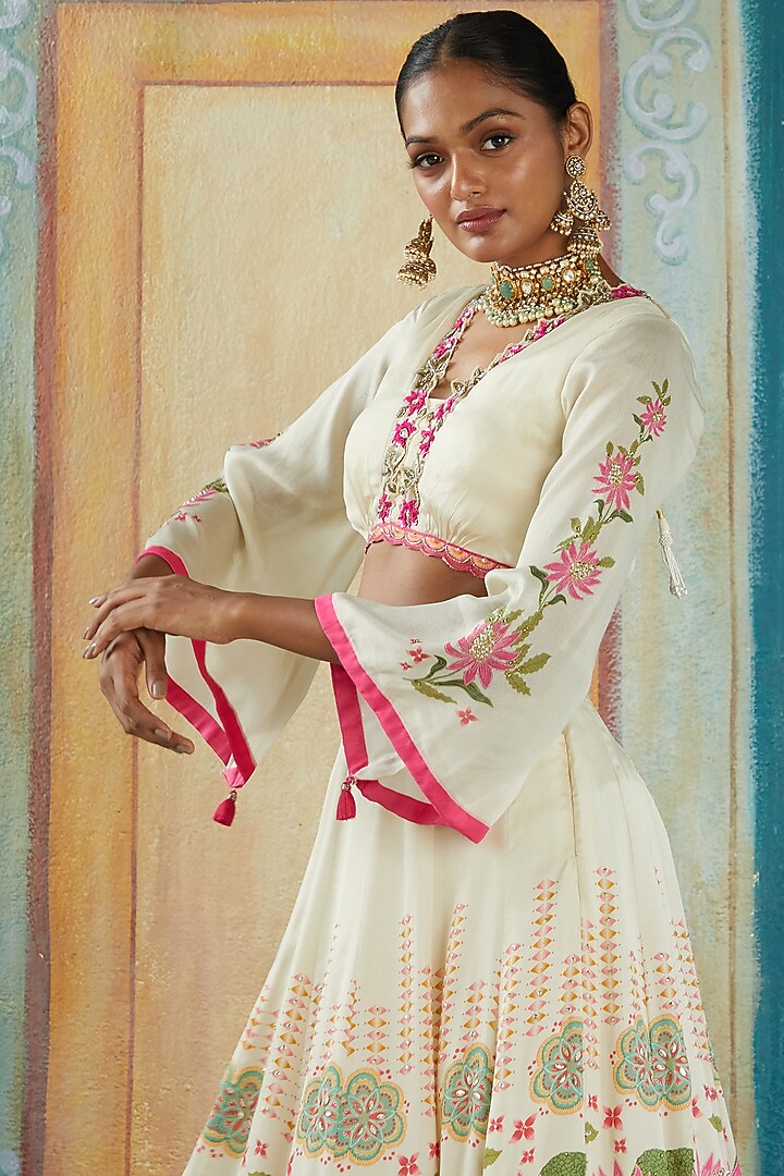 Beige Bemberg Satin Printed & Embroidered Wedding Lehenga Set by Basil Leaf at Pernia's Pop Up Shop