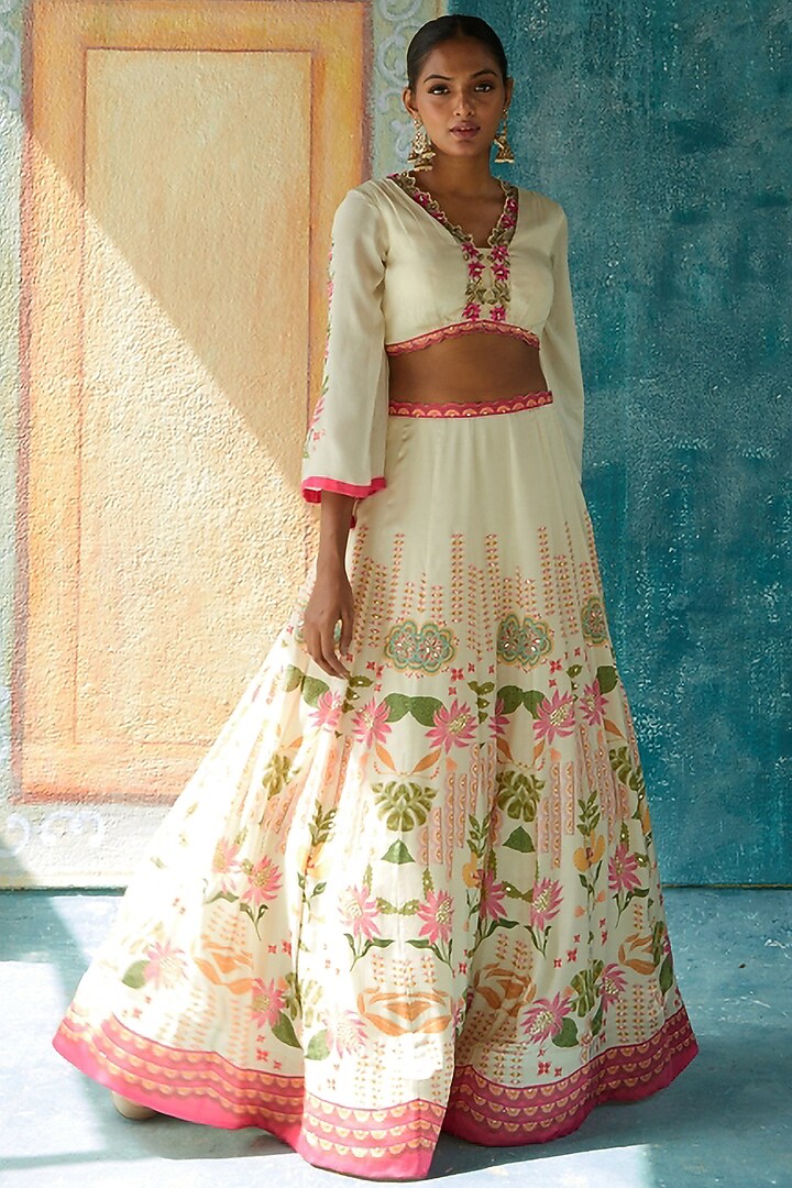 Beige Bemberg Satin Printed & Embroidered Wedding Lehenga Set by Basil Leaf at Pernia's Pop Up Shop