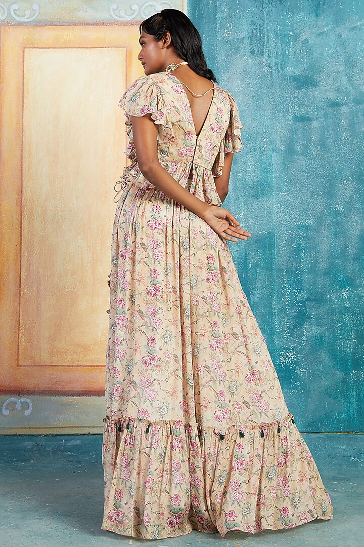 Beige Chinon Chiffon Printed & Embroidered Wedding Lehenga Set by Basil Leaf at Pernia's Pop Up Shop