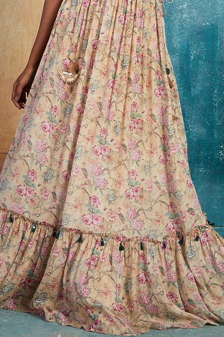Beige Chinon Chiffon Printed & Embroidered Wedding Lehenga Set by Basil Leaf at Pernia's Pop Up Shop
