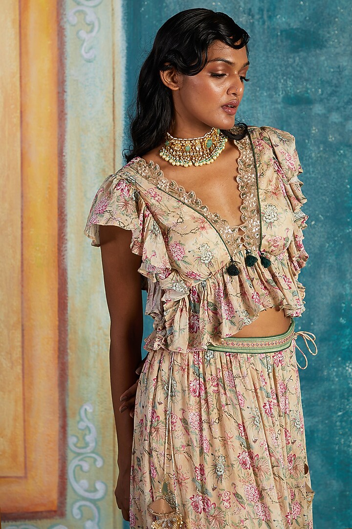 Beige Chinon Chiffon Printed & Embroidered Wedding Lehenga Set by Basil Leaf at Pernia's Pop Up Shop