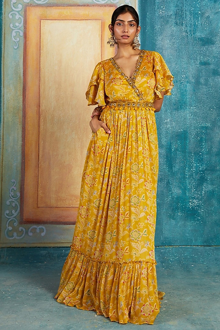 Yellow Chinon Chiffon Printed & Embroidered Gown by Basil Leaf