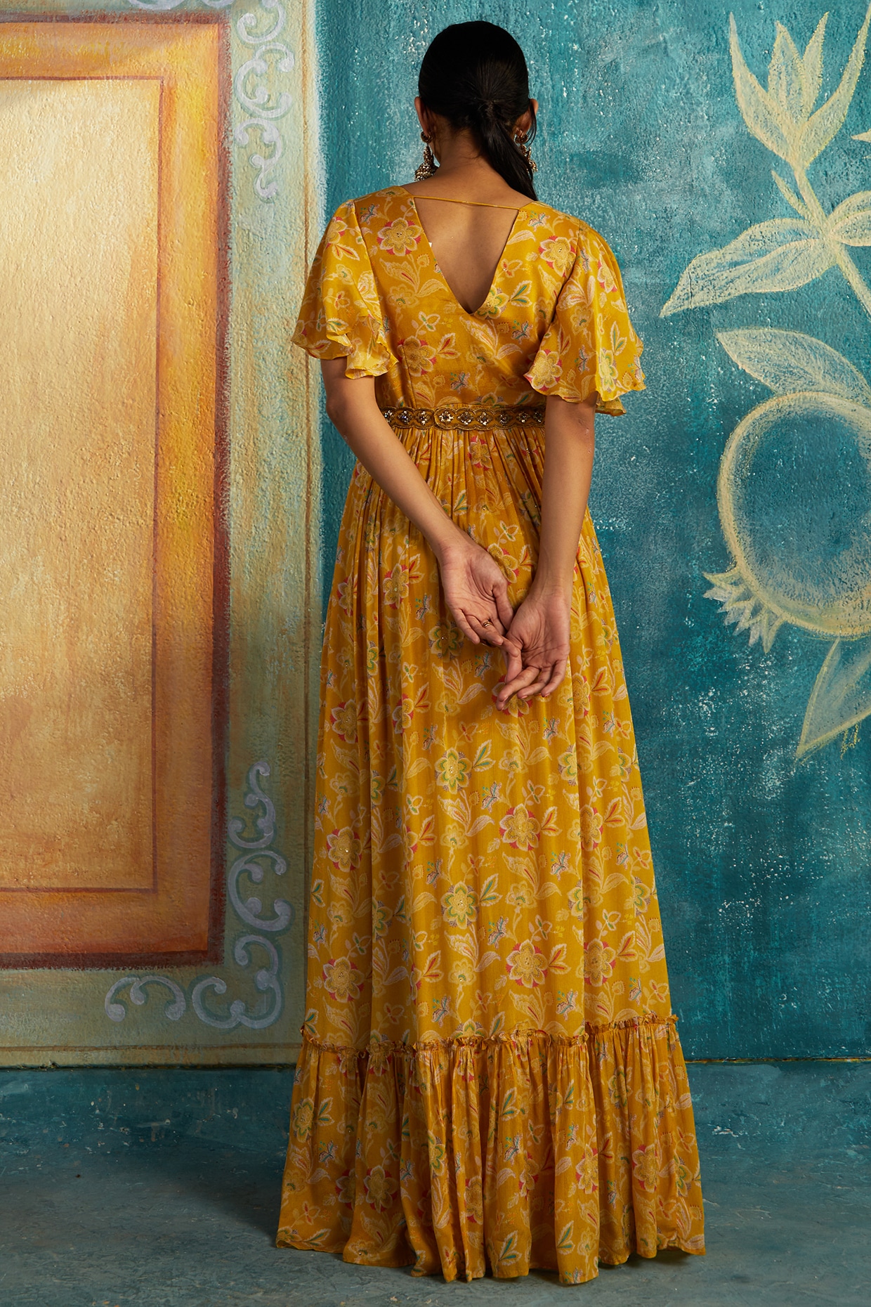 Yellow Chinon Chiffon Printed Embroidered Gown Design by Basil