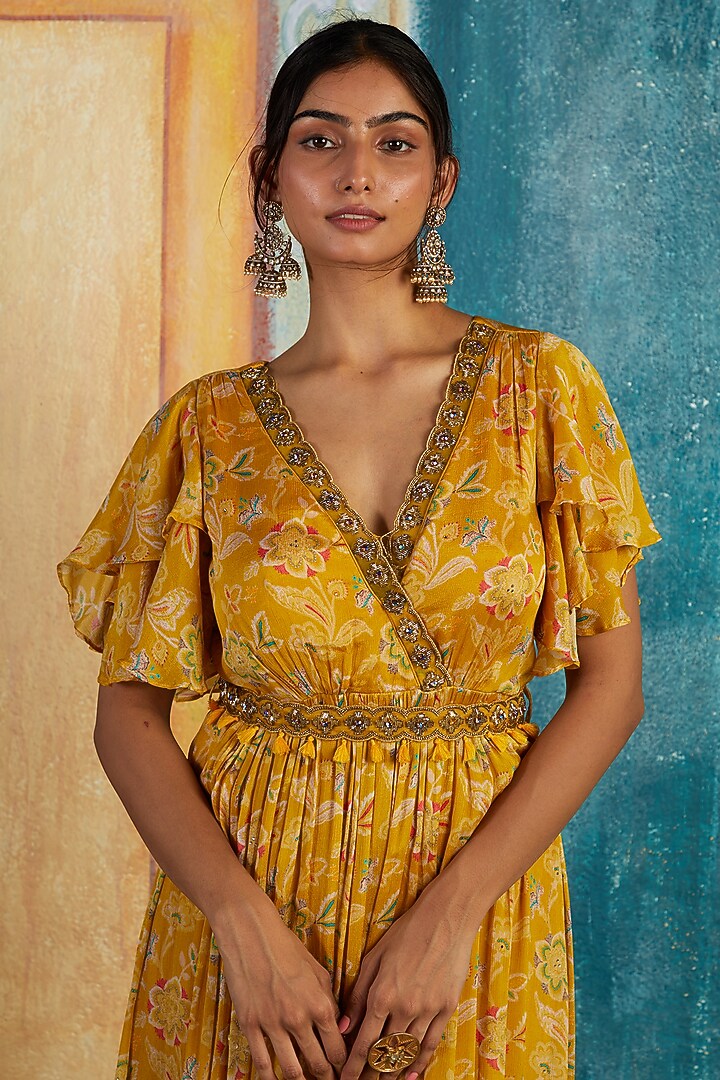 Yellow Chinon Chiffon Printed & Embroidered Party Wear Gown by Basil Leaf at Pernia's Pop Up Shop