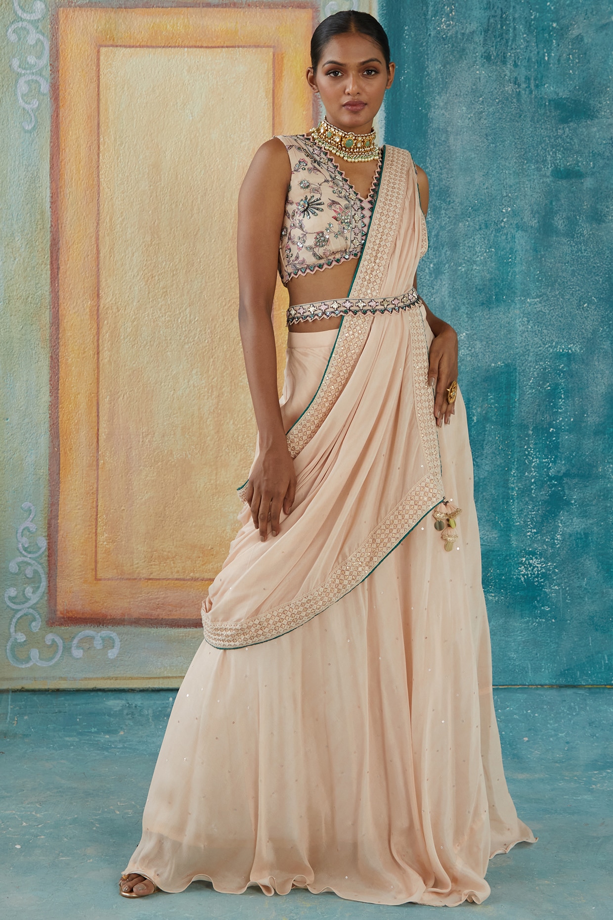 Beige Chinon Chiffon Draped Saree Set Design by Basil Leaf at