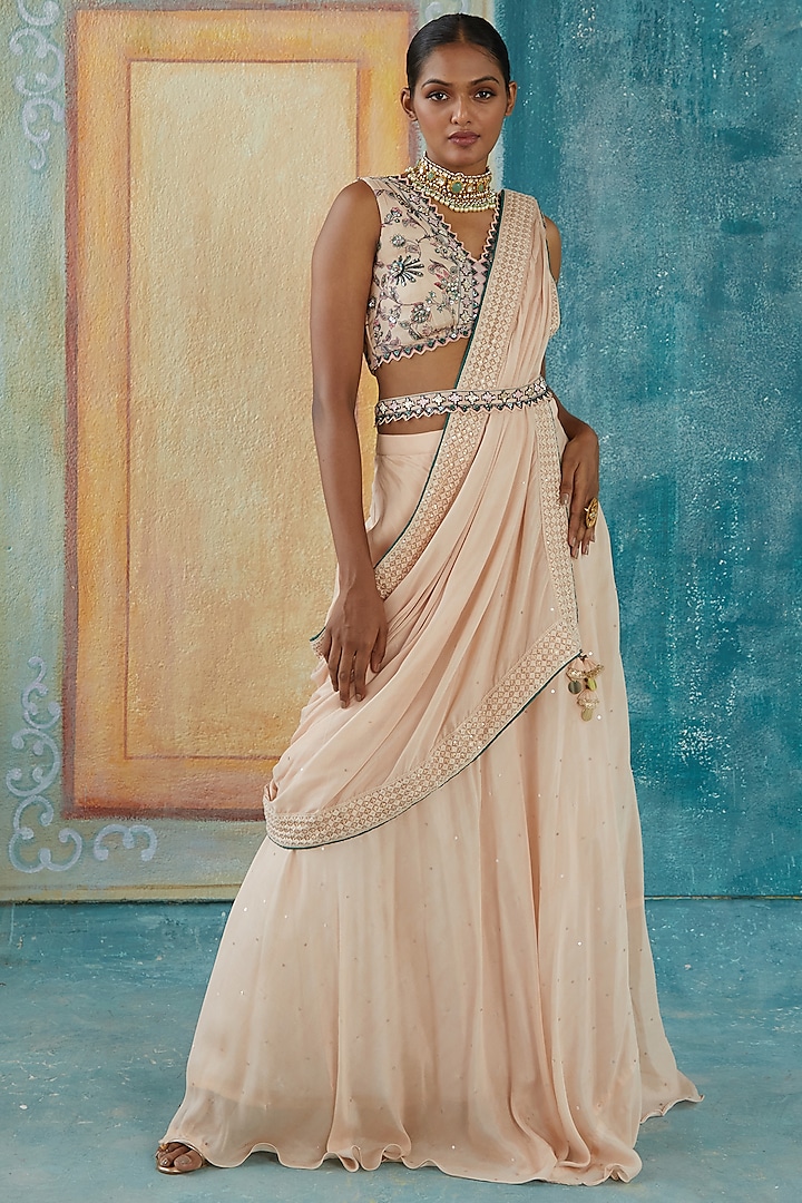 Beige Chinon Chiffon Draped Saree Set by Basil Leaf at Pernia's Pop Up Shop