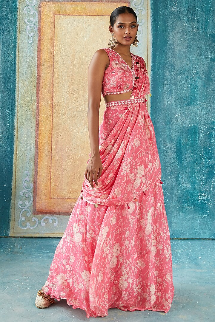 Pink Chinon Chiffon Printed Draped Saree Set by Basil Leaf at Pernia's Pop Up Shop