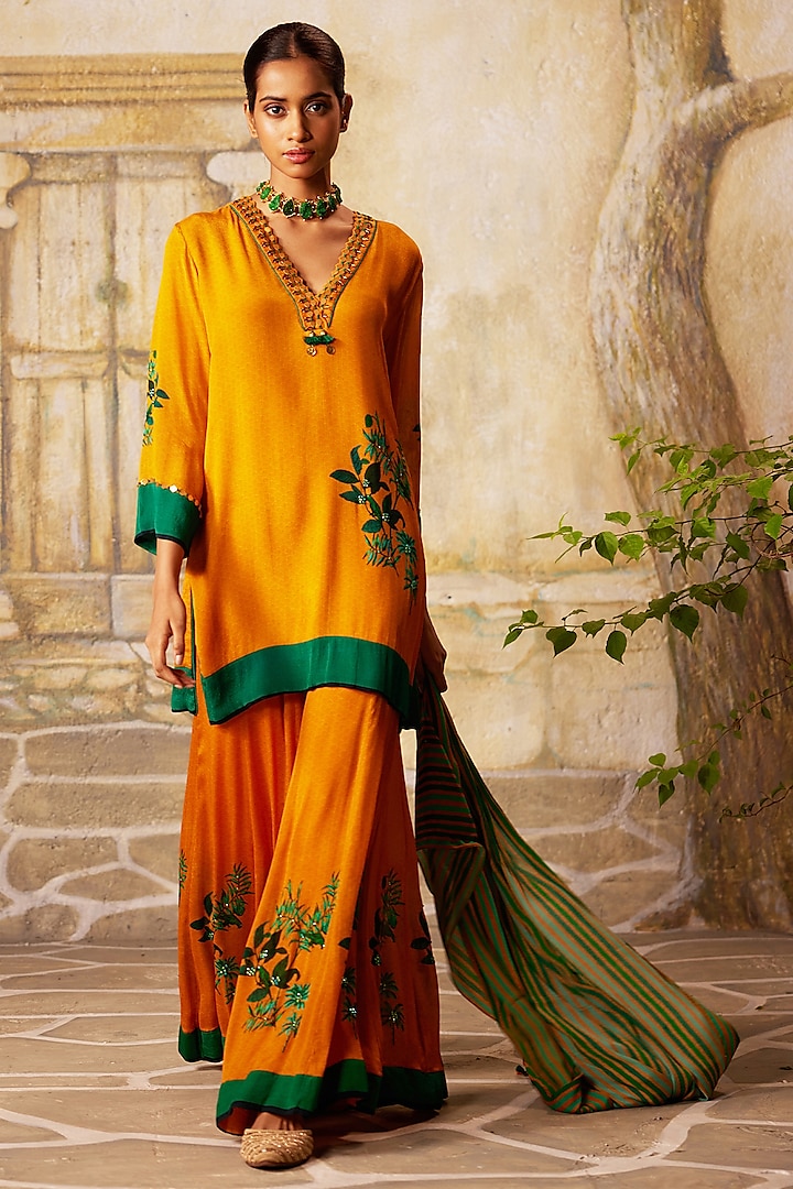 Mango Yellow Chinon Chiffon Sharara Set by Basil Leaf at Pernia's Pop Up Shop