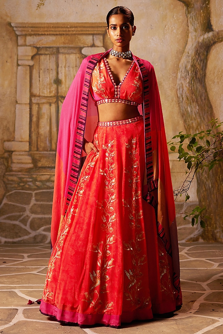 Peach Crepe Hand Embroidered Wedding Lehenga Set by Basil Leaf at Pernia's Pop Up Shop