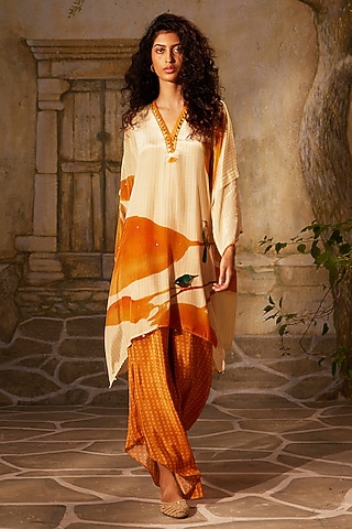Beige & Orange Crepe Printed Kurta Set by Basil Leaf