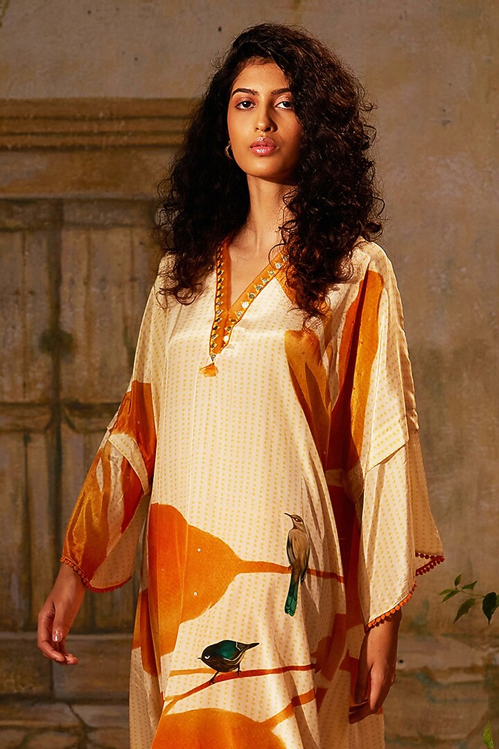 Beige & Orange Crepe Printed Kurta Set by Basil Leaf at Pernia's Pop Up Shop