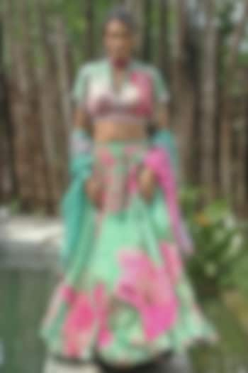 Mint Organza Floral Wedding Lehenga Set by Basil Leaf at Pernia's Pop Up Shop