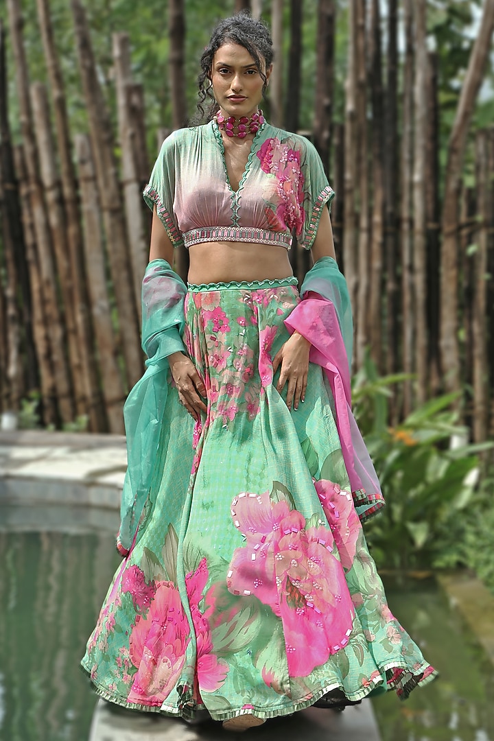 Mint Organza Floral Wedding Lehenga Set by Basil Leaf at Pernia's Pop Up Shop