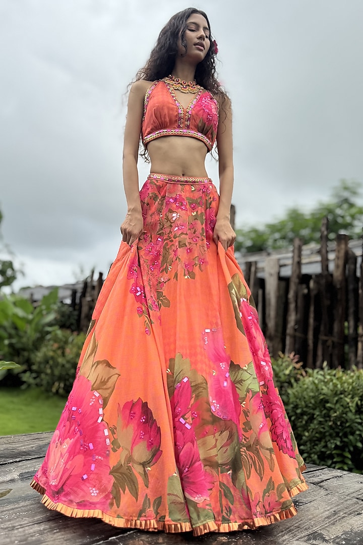 Orange & Pink Organza Floral Wedding Lehenga Set by Basil Leaf at Pernia's Pop Up Shop