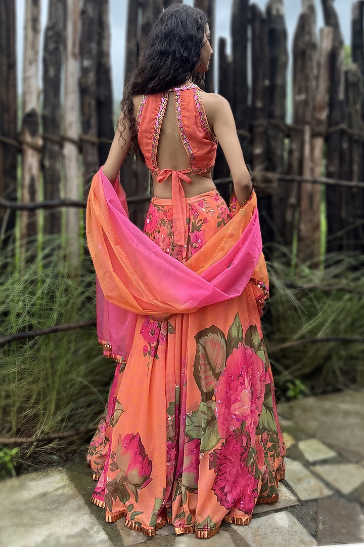 Orange & Pink Organza Floral Wedding Lehenga Set by Basil Leaf at Pernia's Pop Up Shop
