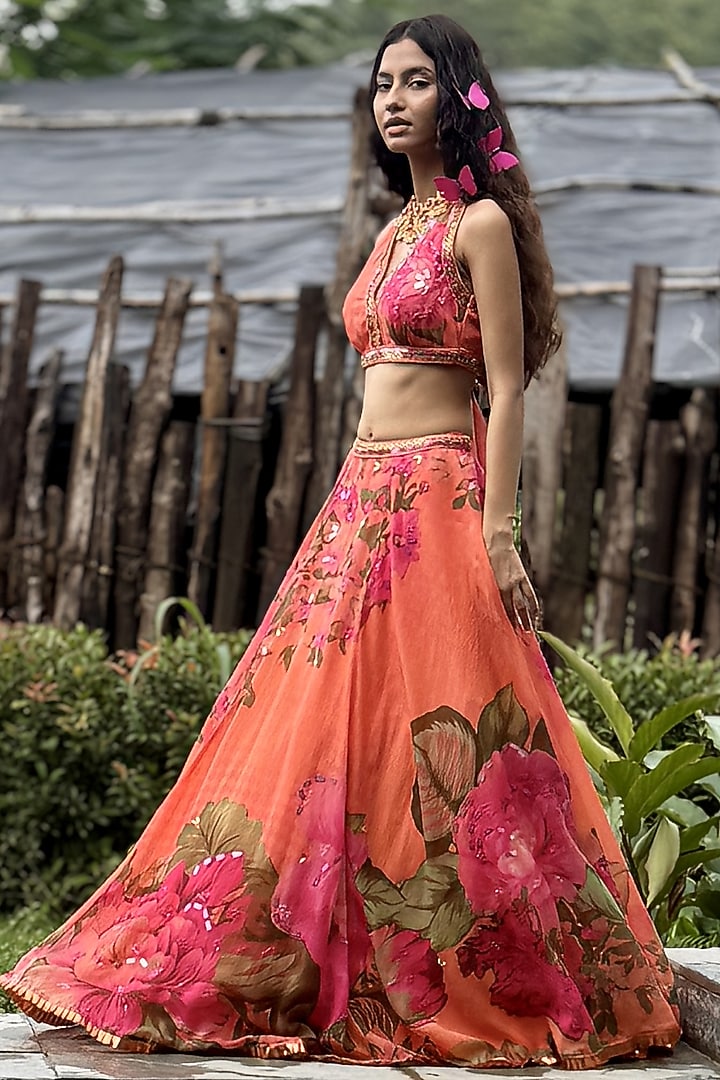 Orange & Pink Organza Floral Wedding Lehenga Set by Basil Leaf at Pernia's Pop Up Shop