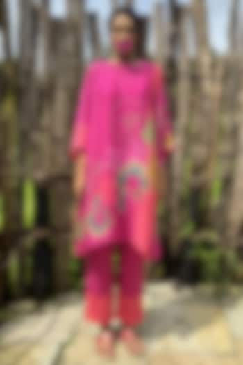 Pink Chinon Chiffon Printed & Embroidered Co-Ord Set by Basil Leaf at Pernia's Pop Up Shop