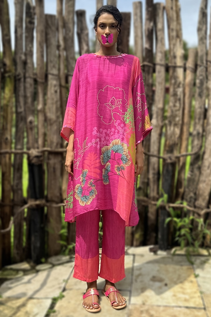 Pink Chinon Chiffon Printed & Embroidered Co-Ord Set by Basil Leaf at Pernia's Pop Up Shop