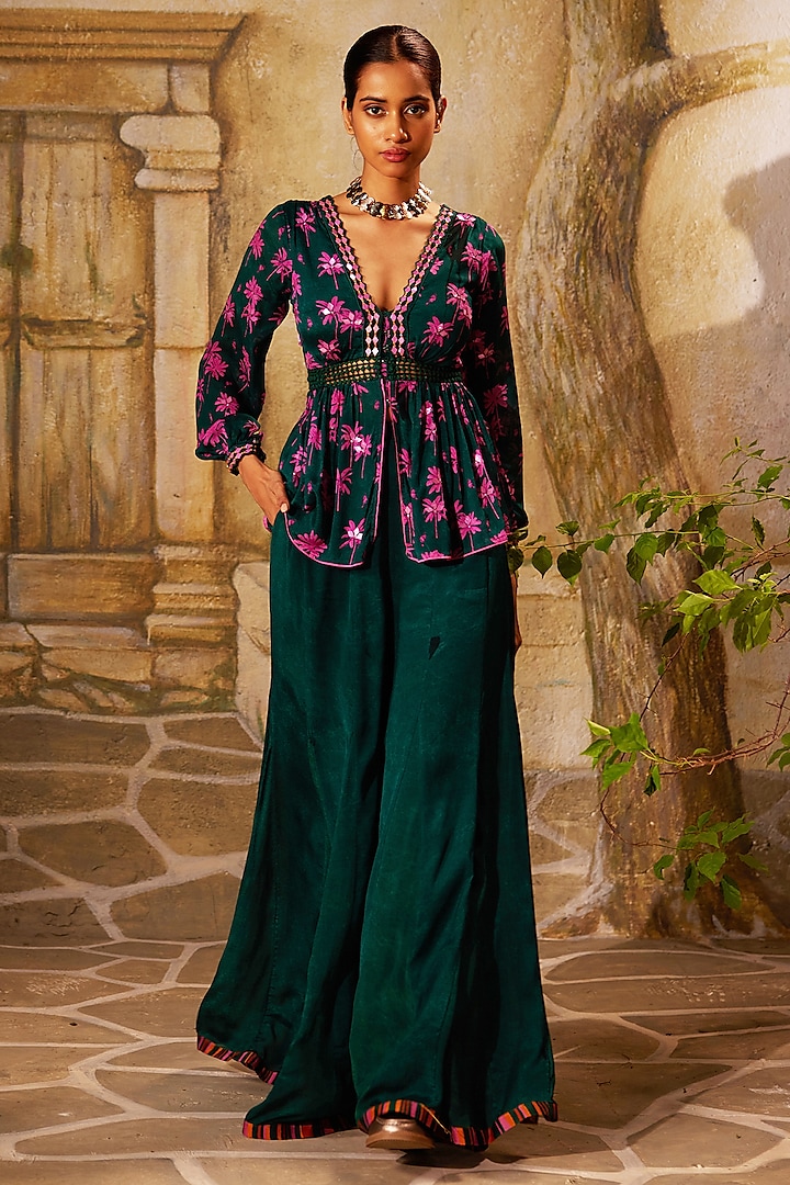 Bottle Green Chinon Chiffon Hand Embroidered Co-Ord Set by Basil Leaf at Pernia's Pop Up Shop