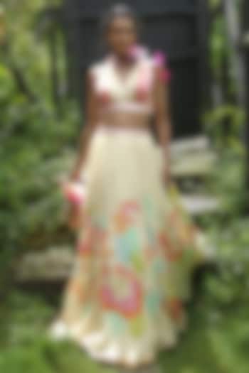 Beige Organza Floral Printed Wedding Lehenga Set by Basil Leaf at Pernia's Pop Up Shop