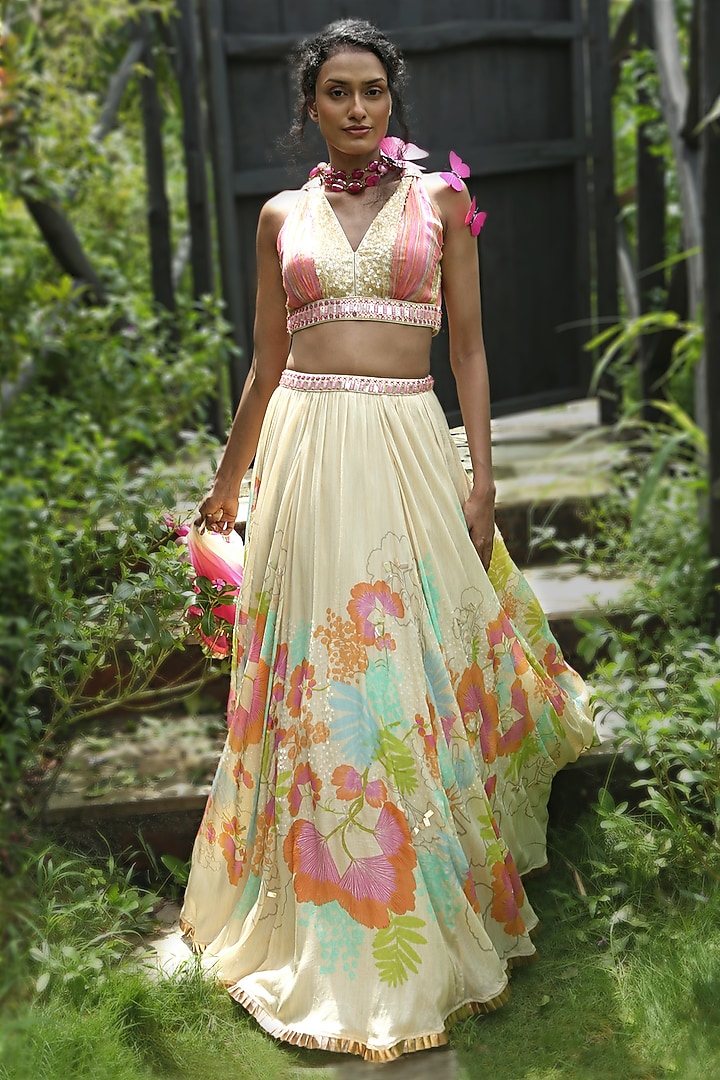 Beige Organza Floral Printed Wedding Lehenga Set by Basil Leaf at Pernia's Pop Up Shop
