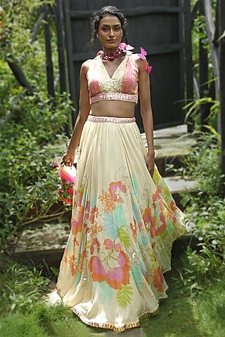 Beige Organza Floral Printed Lehenga Set by Basil Leaf